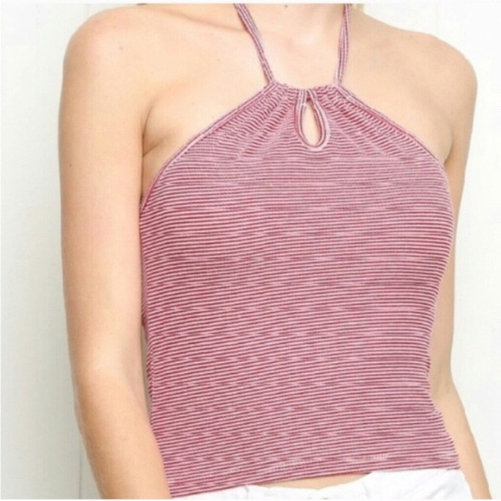 Brandy Melville Halter Top One Size Red & White Striped Crop Top Ribbed Knit